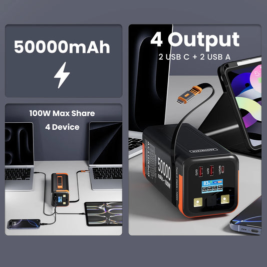 50,000mAh 100W PD Fast Charging Power Bank with Built-In Type-C Cable