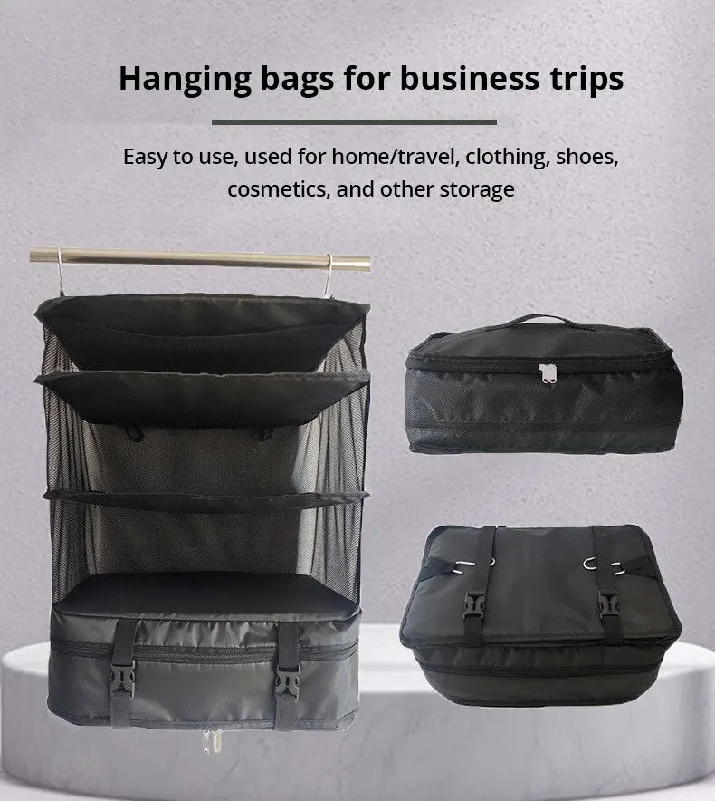 Hanging Travel Organizer with Packing Shelves and Laundry Storage
