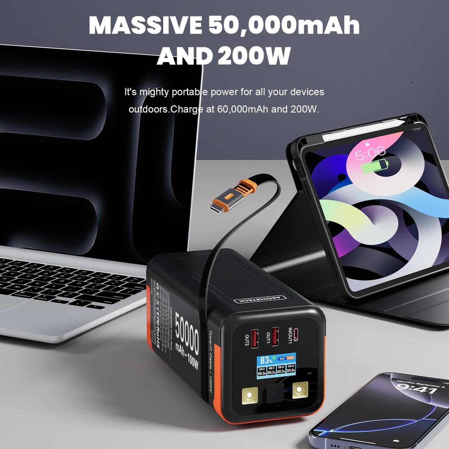 50,000mAh 100W PD Fast Charging Power Bank with Built-In Type-C Cable