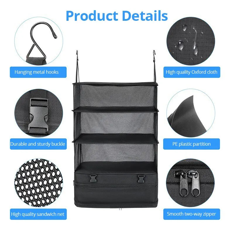 Hanging Travel Organizer with Packing Shelves and Laundry Storage