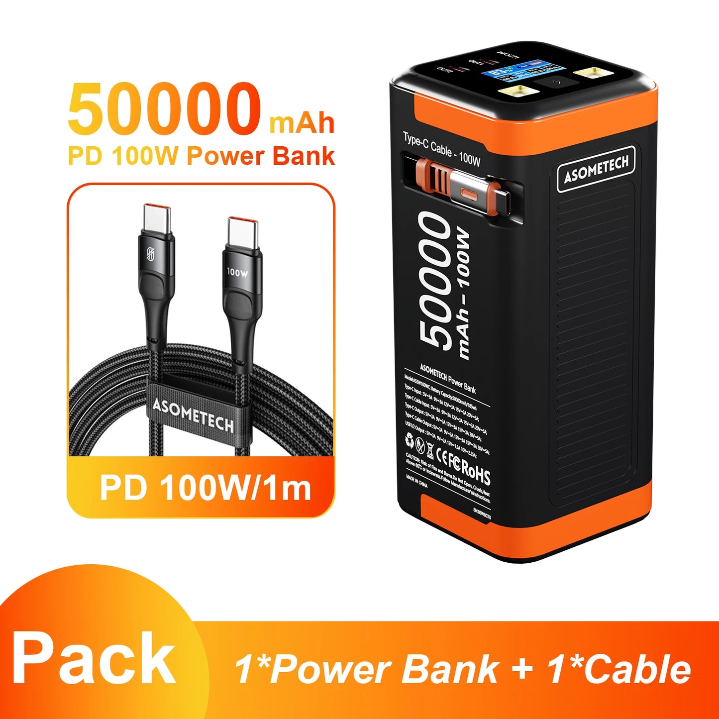 50,000mAh 100W PD Fast Charging Power Bank with Built-In Type-C Cable