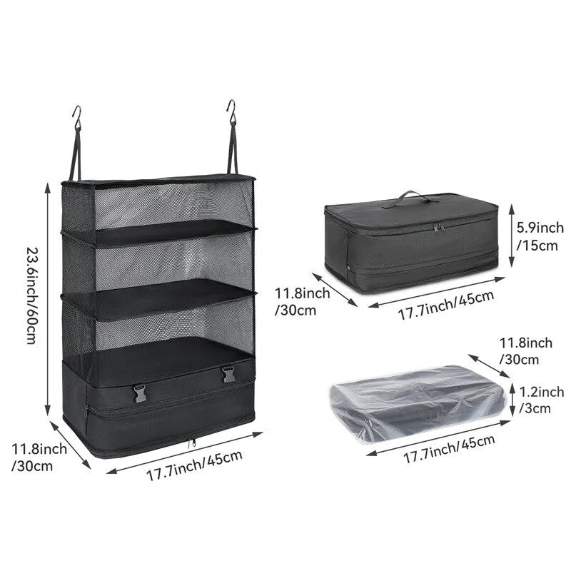 Hanging Travel Organizer with Packing Shelves and Laundry Storage