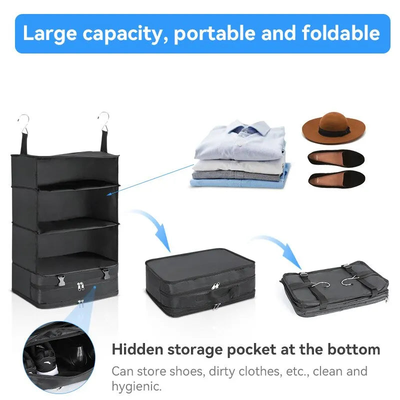 Hanging Travel Organizer with Packing Shelves and Laundry Storage