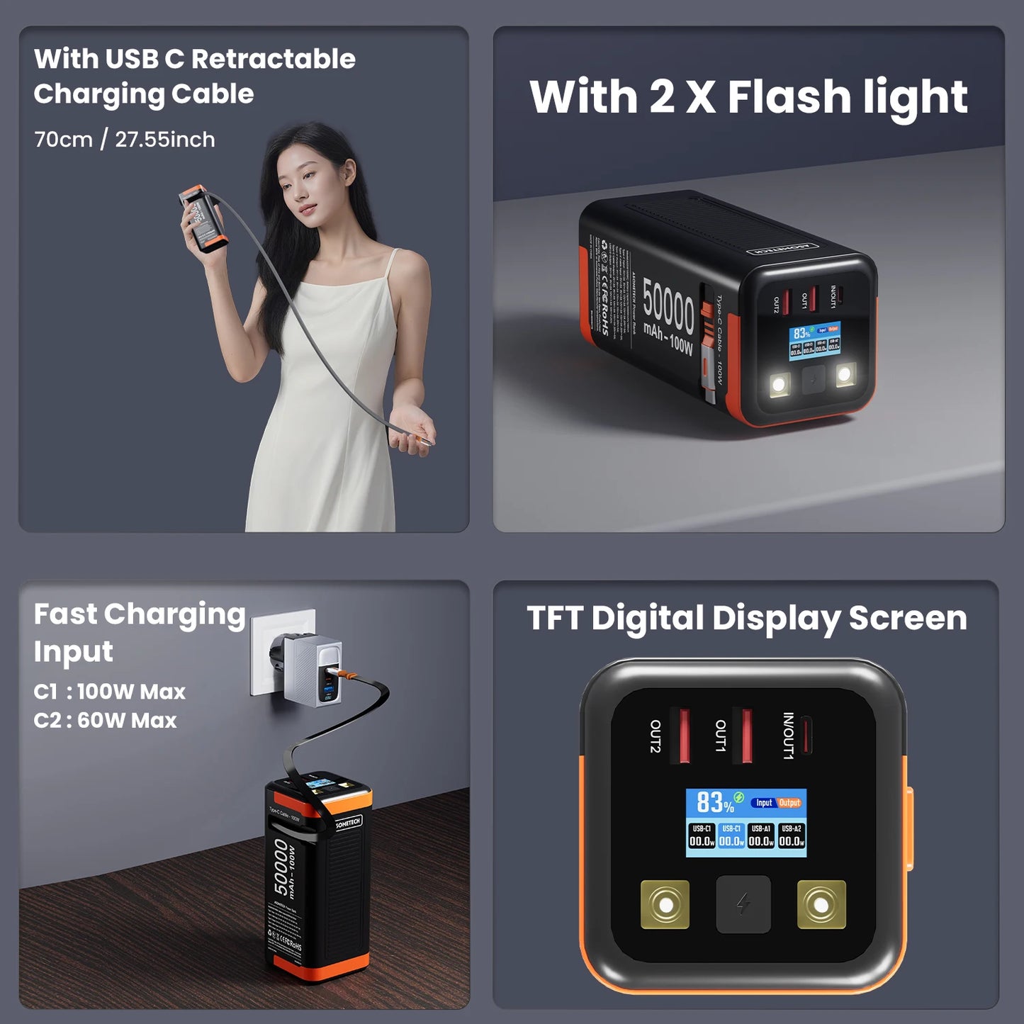 50,000mAh 100W PD Fast Charging Power Bank with Built-In Type-C Cable