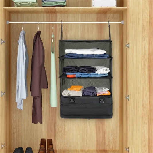 Hanging Travel Organizer with Packing Shelves and Laundry Storage