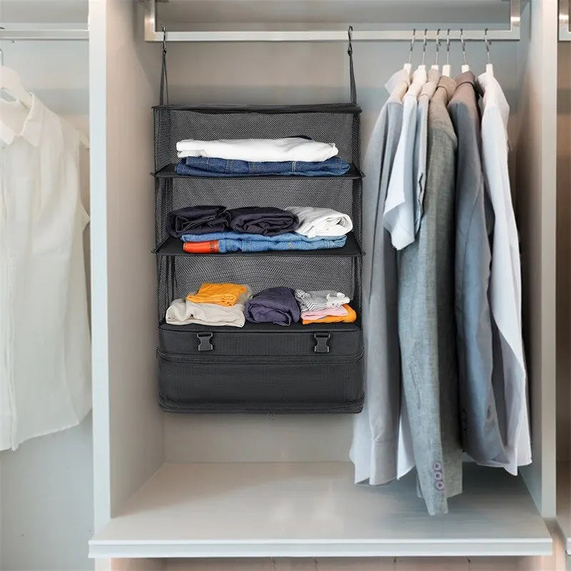 Hanging Travel Organizer with Packing Shelves and Laundry Storage
