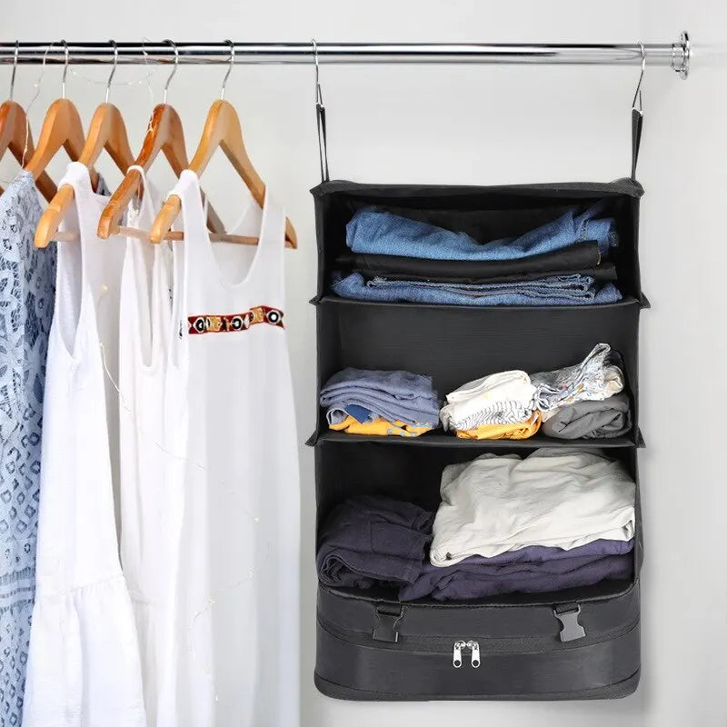 Hanging Travel Organizer with Packing Shelves and Laundry Storage