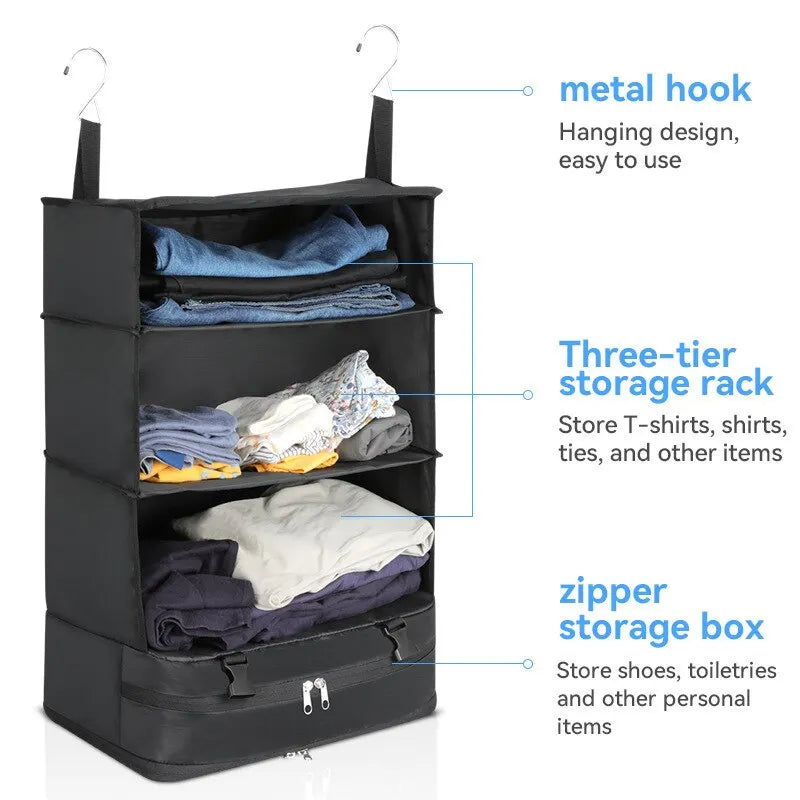 Hanging Travel Organizer with Packing Shelves and Laundry Storage