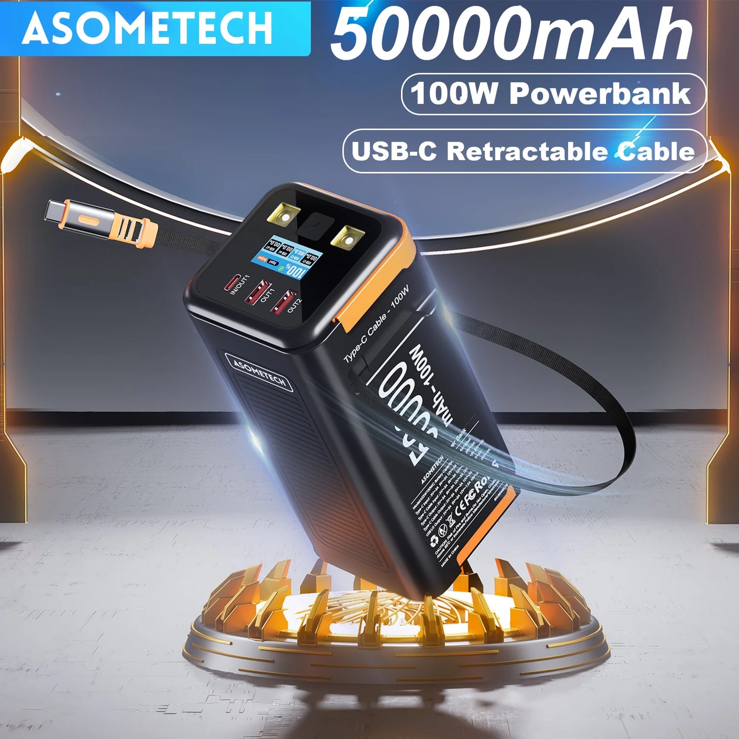 50,000mAh 100W PD Fast Charging Power Bank with Built-In Type-C Cable