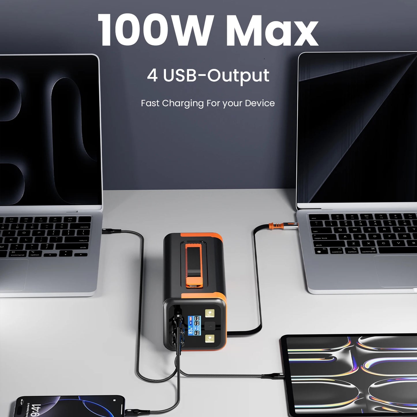 50,000mAh 100W PD Fast Charging Power Bank with Built-In Type-C Cable
