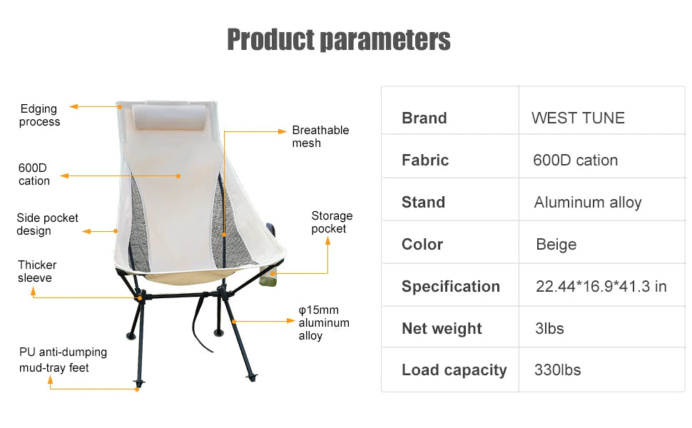 WESTTUNE Lightweight Folding Camping Chair with Headrest