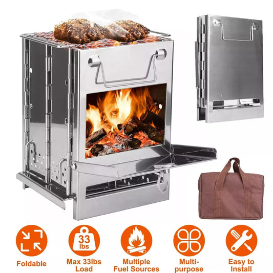 Portable Stainless Steel Wood-Burning Camping Stove – Foldable Outdoor Cooking Stove