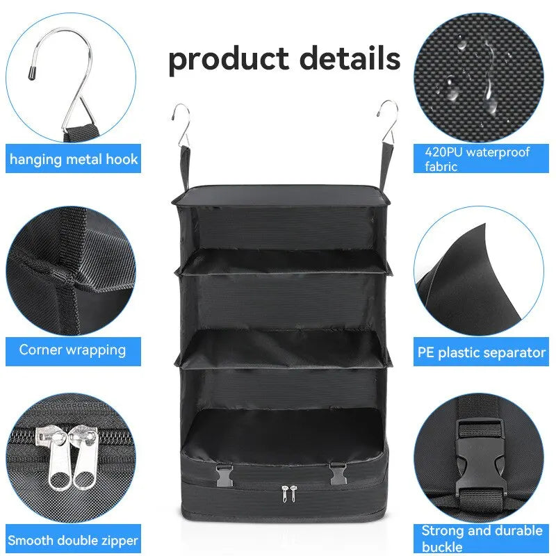 Hanging Travel Organizer with Packing Shelves and Laundry Storage