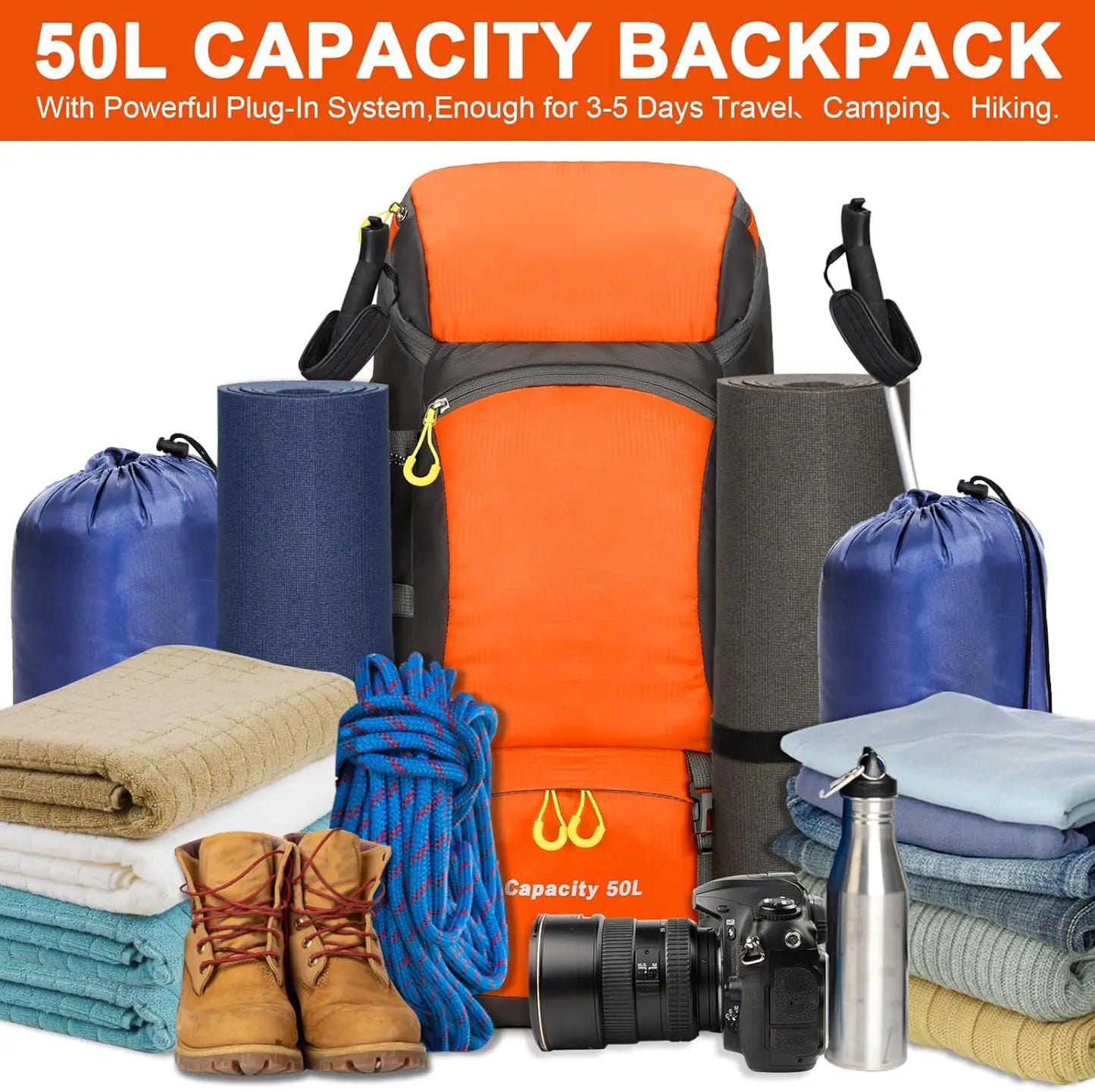 50L Waterproof Hiking Backpack – Lightweight Travel Pack with Rain Cover for Camping & Trekking