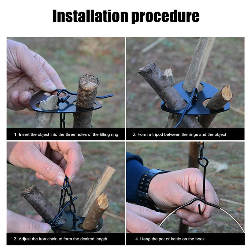 Portable Campfire Tripod Support Plate with Hanging Chain