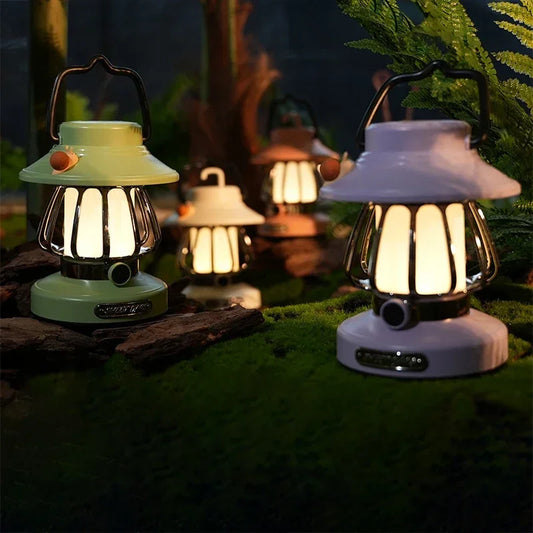 Retro LED Camping Lantern – USB-C Rechargeable, 3 Light Colors, Stepless Dimming, Portable Emergency Light