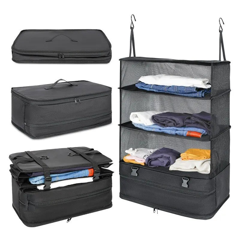 Hanging Travel Organizer with Packing Shelves and Laundry Storage